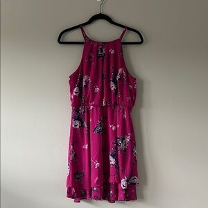 Blu RainWomen's Pink Floral Halter Neck Ruffle Dress Size L